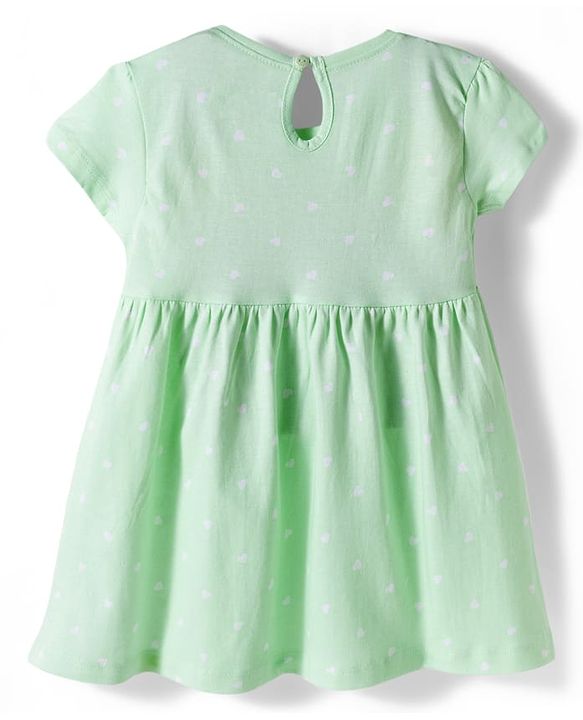 Babyhug 100% Cotton Knit Half Sleeves Star Printed Frock With Bow Applique - Light Green