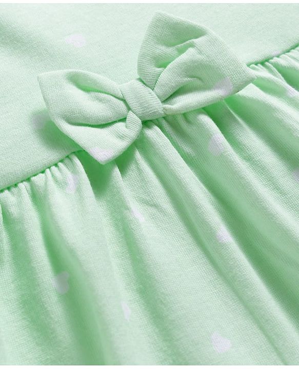 Babyhug 100% Cotton Knit Half Sleeves Star Printed Frock With Bow Applique - Light Green