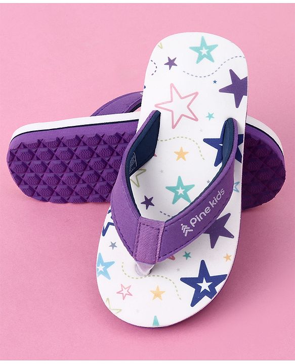 Pine Kids Slip On Star Printed Flip Flops - White & Purple