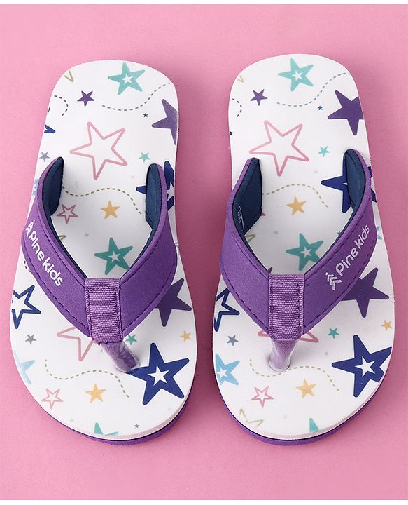 Pine Kids Slip On Star Printed Flip Flops - White & Purple