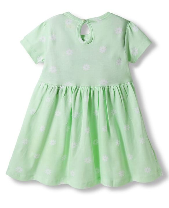 Babyhug 100% Cotton Knit Half Sleeves Floral Printed Frock With Bow Applique - Light Green