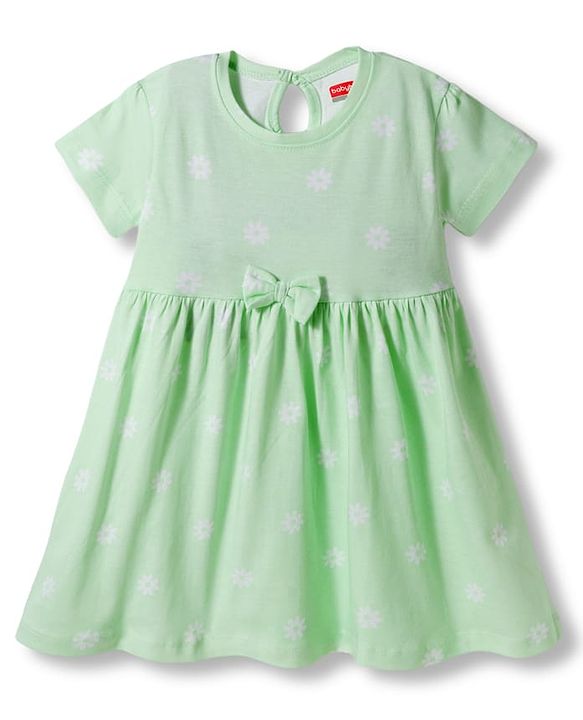 Babyhug 100% Cotton Knit Half Sleeves Floral Printed Frock With Bow Applique - Light Green