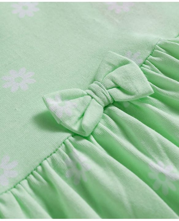 Babyhug 100% Cotton Knit Half Sleeves Floral Printed Frock With Bow Applique - Light Green