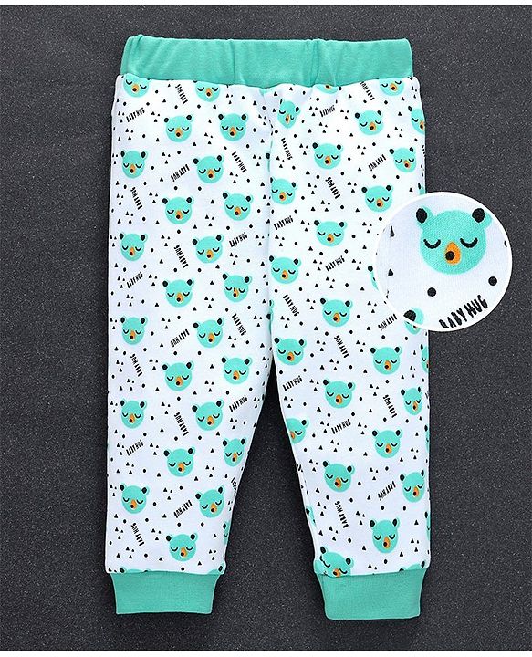 Babyhug Full Length Cotton Lounge Pant Bear Print - White Sea Green