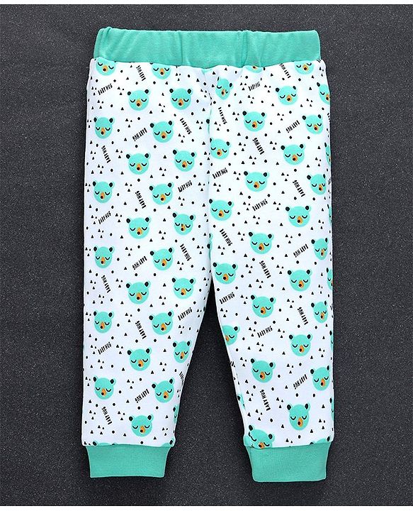 Babyhug Full Length Cotton Lounge Pant Bear Print - White Sea Green