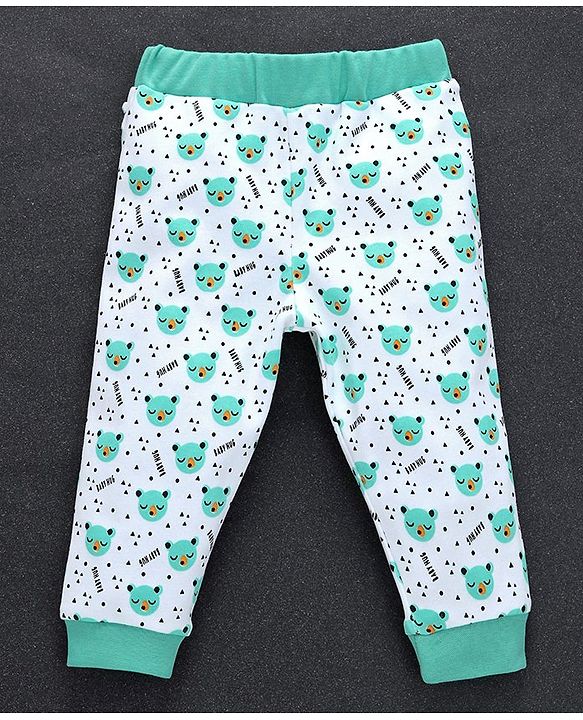 Babyhug Full Length Cotton Lounge Pant Bear Print - White Sea Green