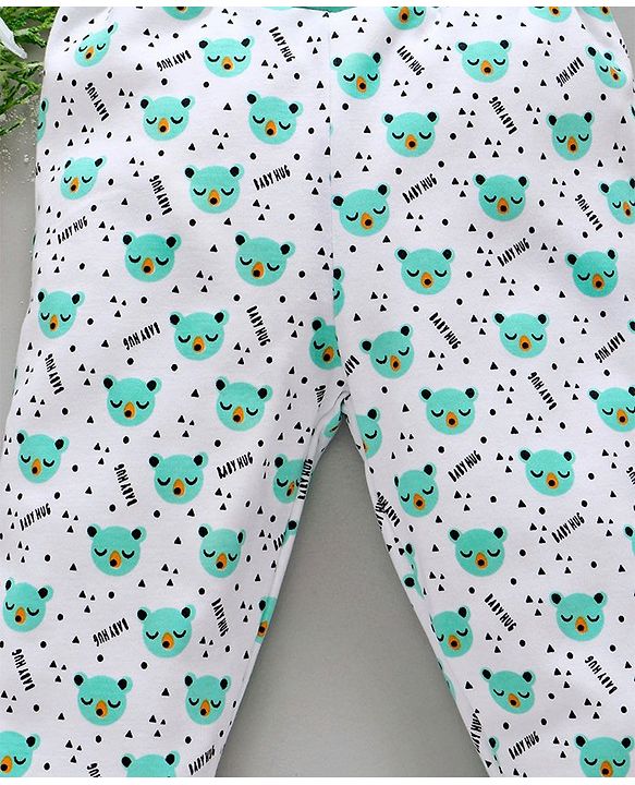 Babyhug Full Length Cotton Lounge Pant Bear Print - White Sea Green