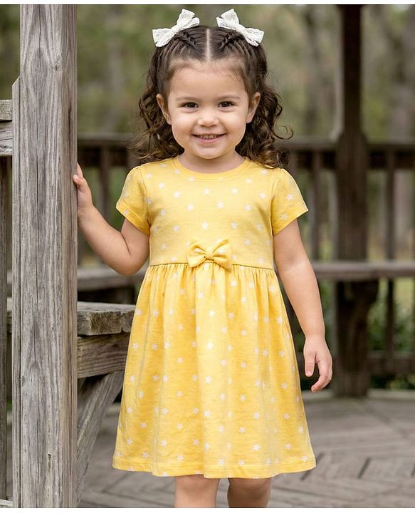 Babyhug 100% Cotton Knit Half Sleeves Star Printed Frock With Bow Applique - Yellow