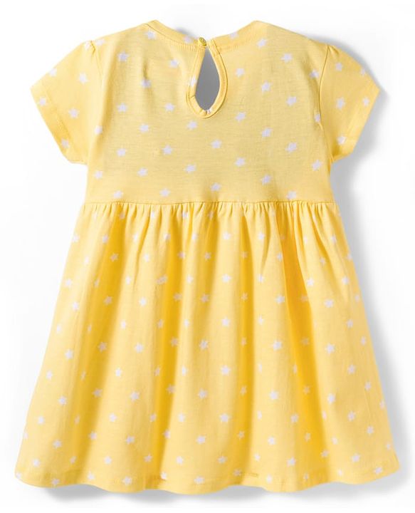 Babyhug 100% Cotton Knit Half Sleeves Star Printed Frock With Bow Applique - Yellow