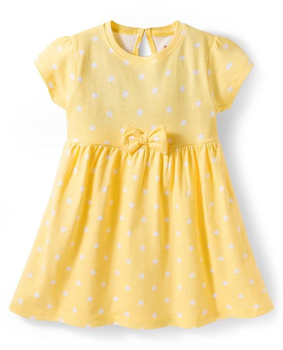 Babyhug 100% Cotton Knit Half Sleeves Star Printed Frock With Bow Applique - Yellow