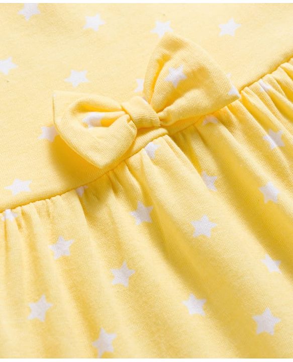 Babyhug 100% Cotton Knit Half Sleeves Star Printed Frock With Bow Applique - Yellow