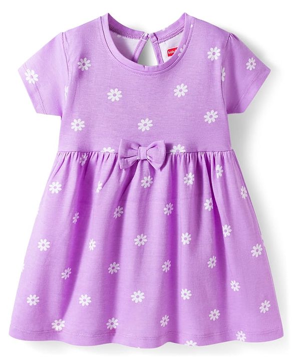Babyhug 100% Cotton Knit Half Sleeves Floral Printed Frock With  Bow Applique - Purple
