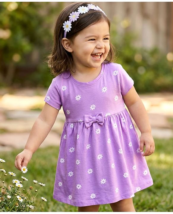 Babyhug 100% Cotton Knit Half Sleeves Floral Printed Frock With  Bow Applique - Purple