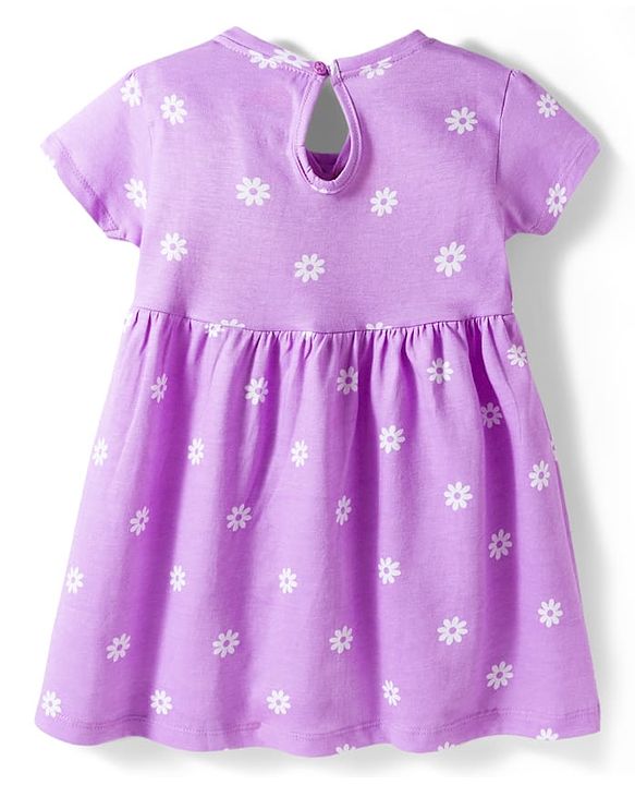 Babyhug 100% Cotton Knit Half Sleeves Floral Printed Frock With  Bow Applique - Purple
