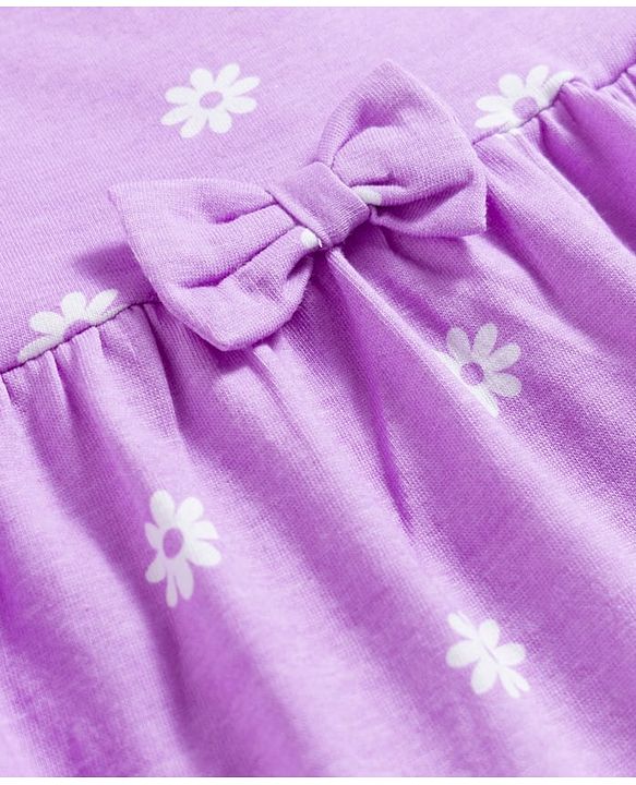 Babyhug 100% Cotton Knit Half Sleeves Floral Printed Frock With  Bow Applique - Purple