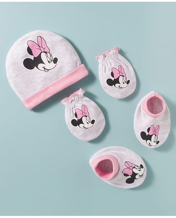 Babyhug Disney Interlock Knit Cap Mittens & Booties Set with Minnie Mouse Graphic Grey - Diameter 15 cm