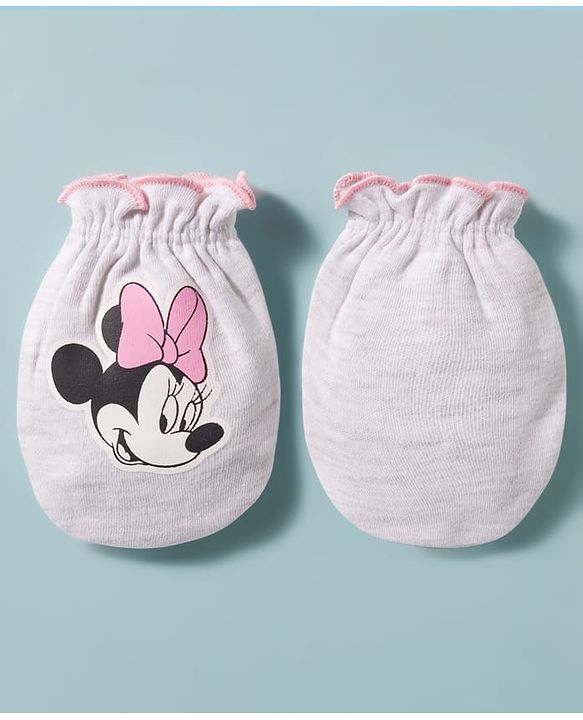 Babyhug Disney Interlock Knit Cap Mittens & Booties Set with Minnie Mouse Graphic Grey - Diameter 15 cm