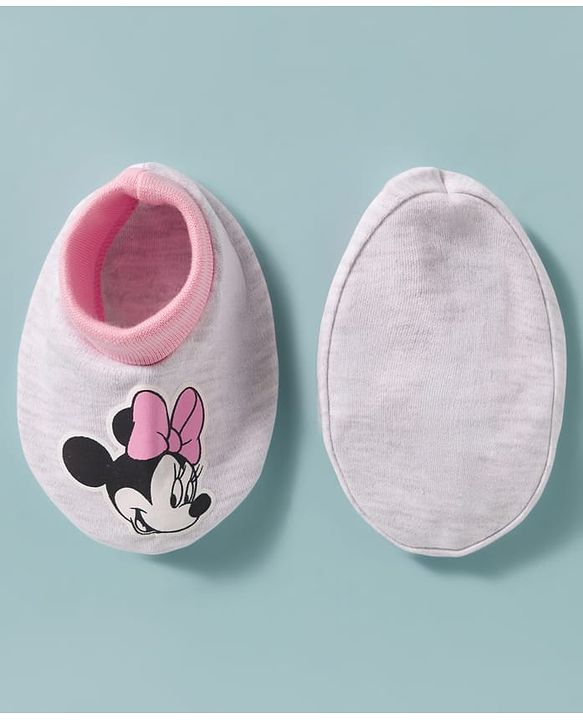 Babyhug Disney Interlock Knit Cap Mittens & Booties Set with Minnie Mouse Graphic Grey - Diameter 15 cm