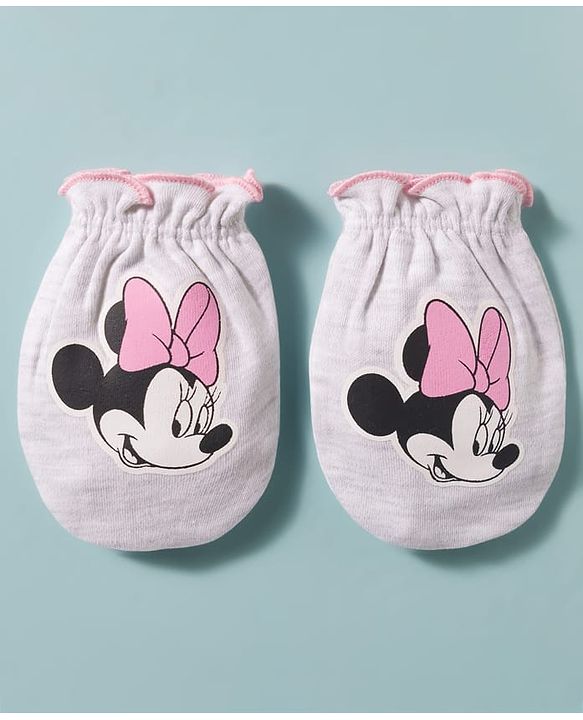 Babyhug Disney Interlock Knit Cap Mittens & Booties Set with Minnie Mouse Graphic Grey - Diameter 15 cm