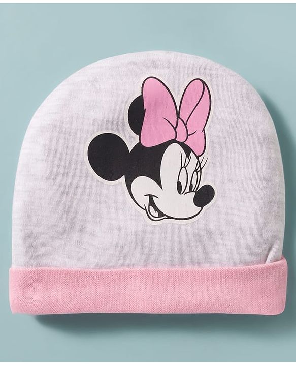 Babyhug Disney Interlock Knit Cap Mittens & Booties Set with Minnie Mouse Graphic Grey - Diameter 15 cm