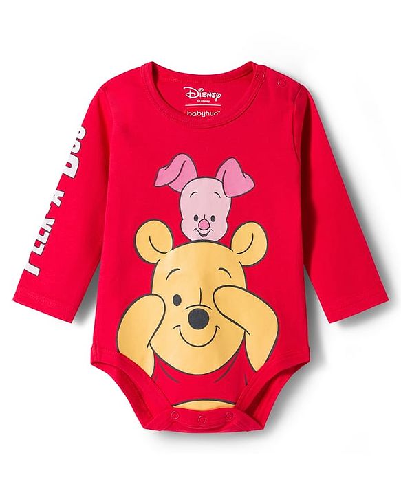 Babyhug Disney Interlock Knit Full Sleeves Onesie & Striped Bootie Legging Set with Winnie Graphic - Red