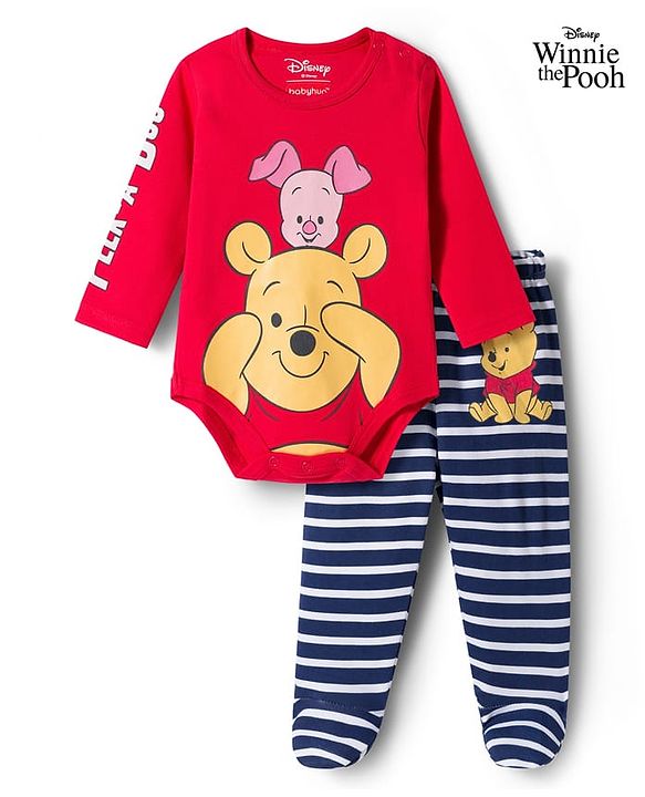 Babyhug Disney Interlock Knit Full Sleeves Onesie & Striped Bootie Legging Set with Winnie Graphic - Red