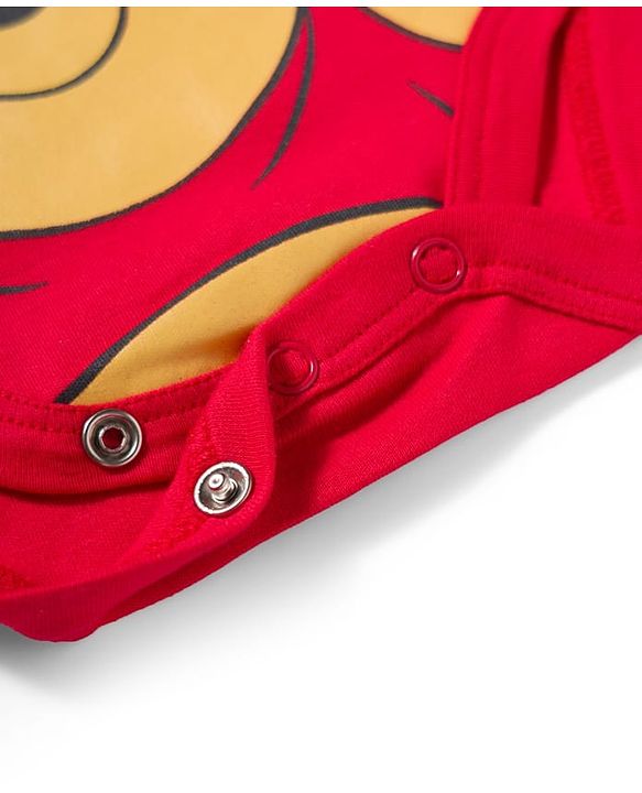 Babyhug Disney Interlock Knit Full Sleeves Onesie & Striped Bootie Legging Set with Winnie Graphic - Red