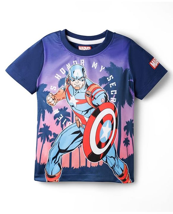 Pine Kids Marvel Single Jersey Knit Half Sleeves T-Shirt With Avenger Captain America Graphics - Navy Blue