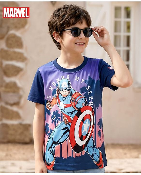 Pine Kids Marvel Single Jersey Knit Half Sleeves T-Shirt With Avenger Captain America Graphics - Navy Blue