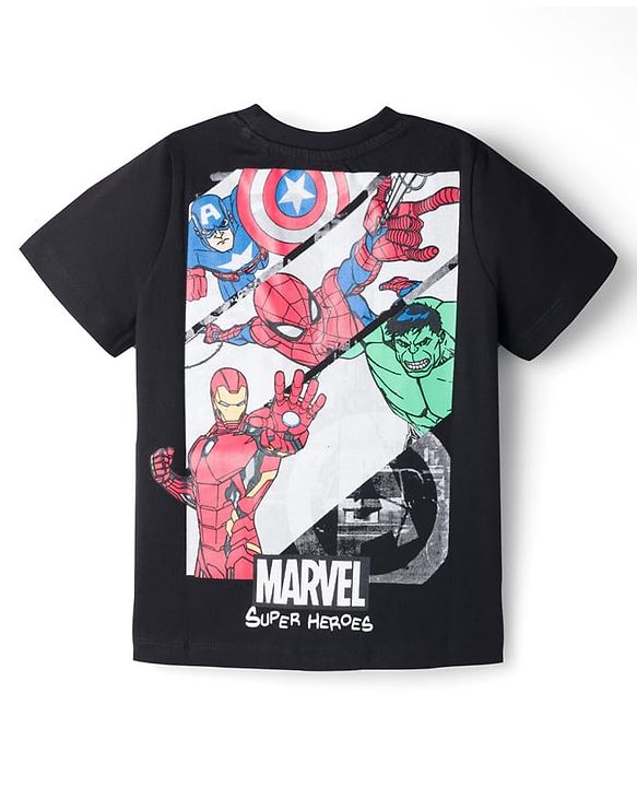 Pine Kids Marvel 100% Cotton Knit Half Sleeves T-Shirt With Avengers Front & Back Print - Black