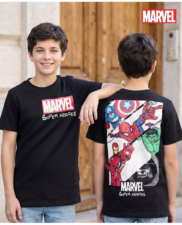 Pine Kids Marvel 100% Cotton Knit Half Sleeves T-Shirt With Avengers Front & Back Print - Black
