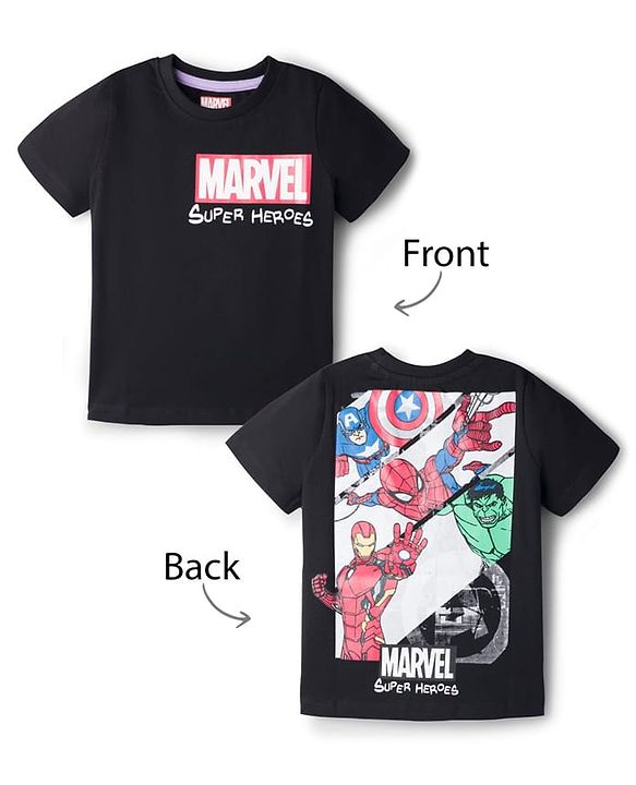 Pine Kids Marvel 100% Cotton Knit Half Sleeves T-Shirt With Avengers Front & Back Print - Black