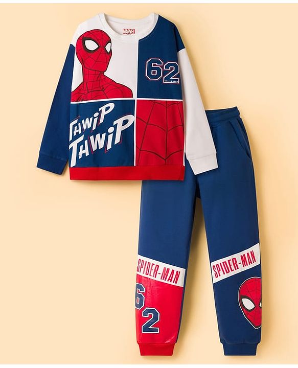 Pine Kids Marvel Terry Knit Drop Shoulder Full Sleeves T-Shirt & Lounge Pant Set with Spiderman Graphic - Multicolor
