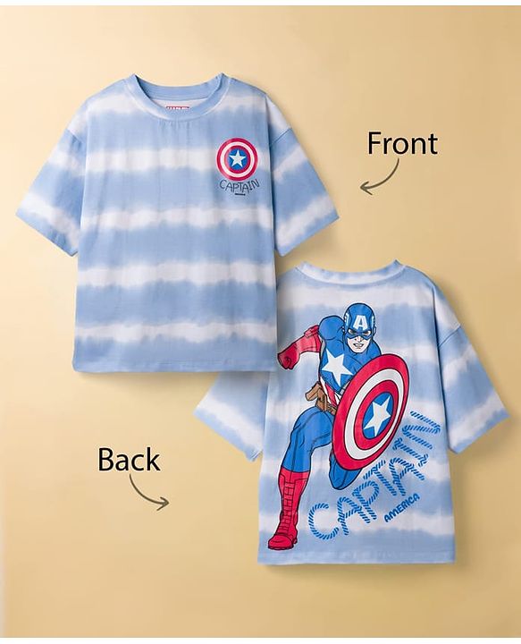 Pine Kids Disney Single Jersey Knit Drop Shoulder Half Sleeves Tie & Dye T-Shirt with Avengers Front & Back Print - Blue
