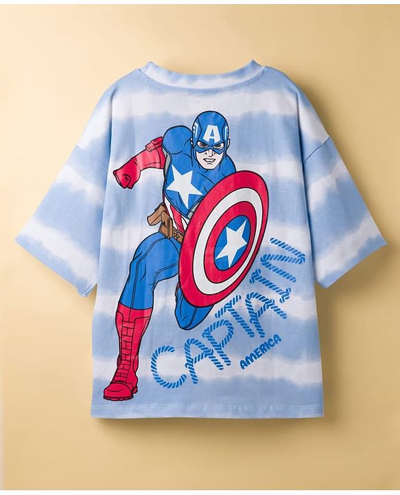 Pine Kids Disney Single Jersey Knit Drop Shoulder Half Sleeves Tie & Dye T-Shirt with Avengers Front & Back Print - Blue