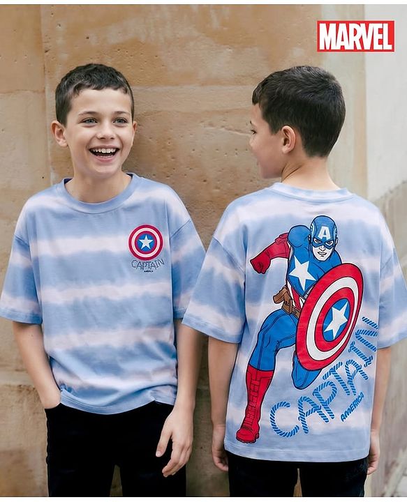Pine Kids Disney Single Jersey Knit Drop Shoulder Half Sleeves Tie & Dye T-Shirt with Avengers Front & Back Print - Blue
