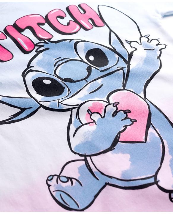 Pine Kids Disney 100% Cotton Knit Half Sleeves Drop Shoulder T-Shirt With Lilo & Stitch Graphics - Multicolour