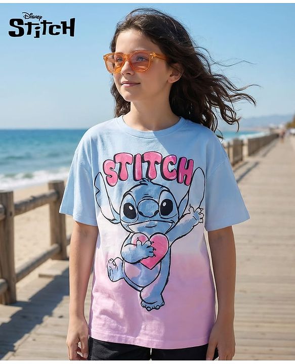 Pine Kids Disney 100% Cotton Knit Half Sleeves Drop Shoulder T-Shirt With Lilo & Stitch Graphics - Multicolour