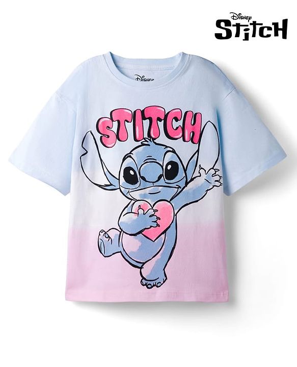 Pine Kids Disney 100% Cotton Knit Half Sleeves Drop Shoulder T-Shirt With Lilo & Stitch Graphics - Multicolour