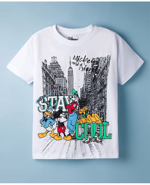 Pine Kids Disney Single Jersey Knit Half Sleeves T-Shirt with Mickey Mouse & Friends Graphic - White