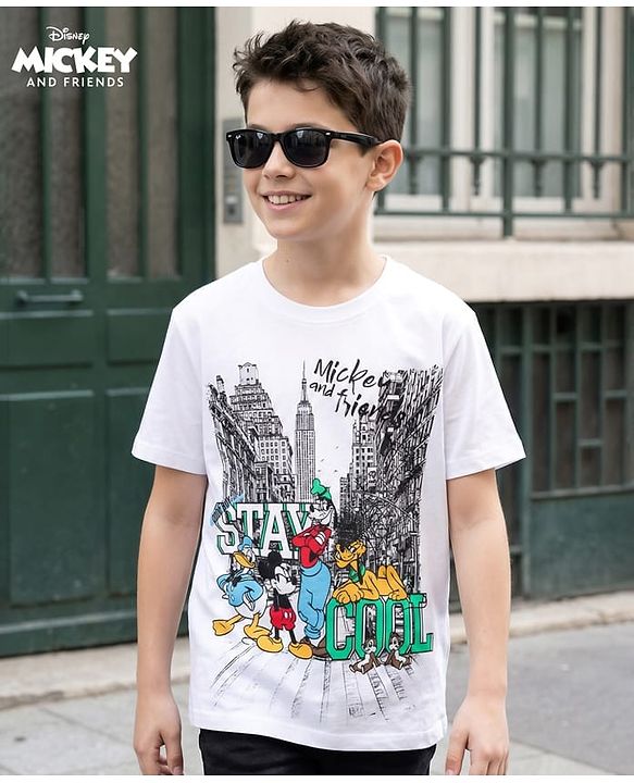Pine Kids Disney Single Jersey Knit Half Sleeves T-Shirt with Mickey Mouse & Friends Graphic - White
