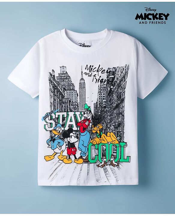 Pine Kids Disney Single Jersey Knit Half Sleeves T-Shirt with Mickey Mouse & Friends Graphic - White