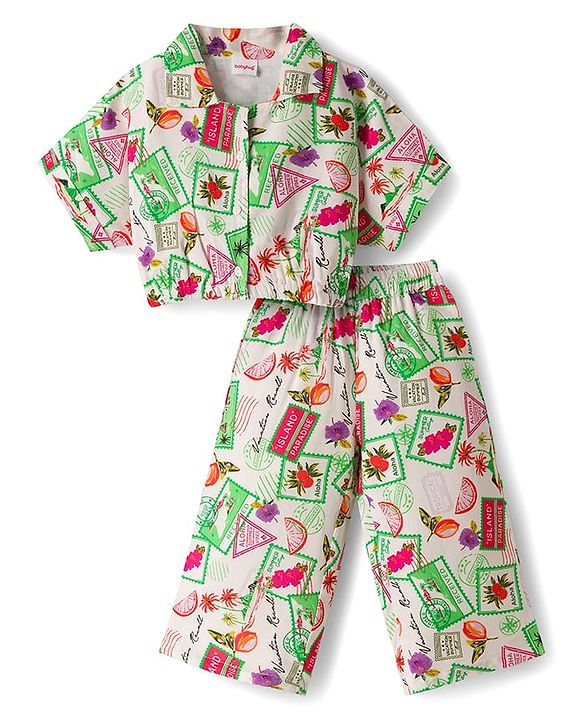 Babyhug Cotton Woven Half Sleeves Top & Lounge Pant Co-ord Set With Stamp Print - Multicolor