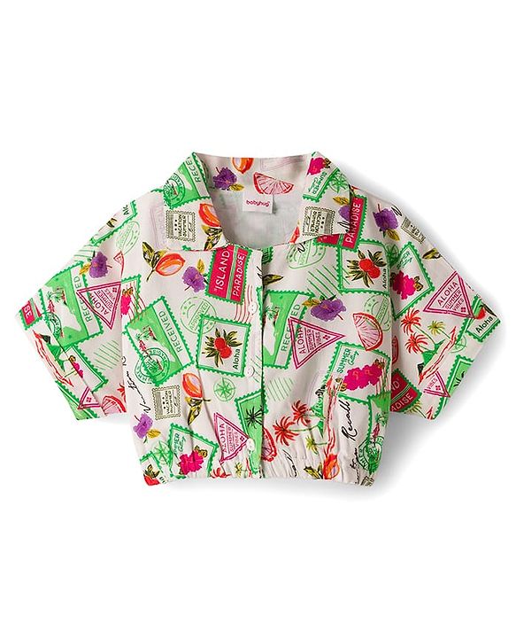 Babyhug Cotton Woven Half Sleeves Top & Lounge Pant Co-ord Set With Stamp Print - Multicolor