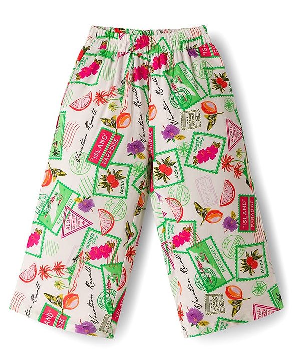 Babyhug Cotton Woven Half Sleeves Top & Lounge Pant Co-ord Set With Stamp Print - Multicolor