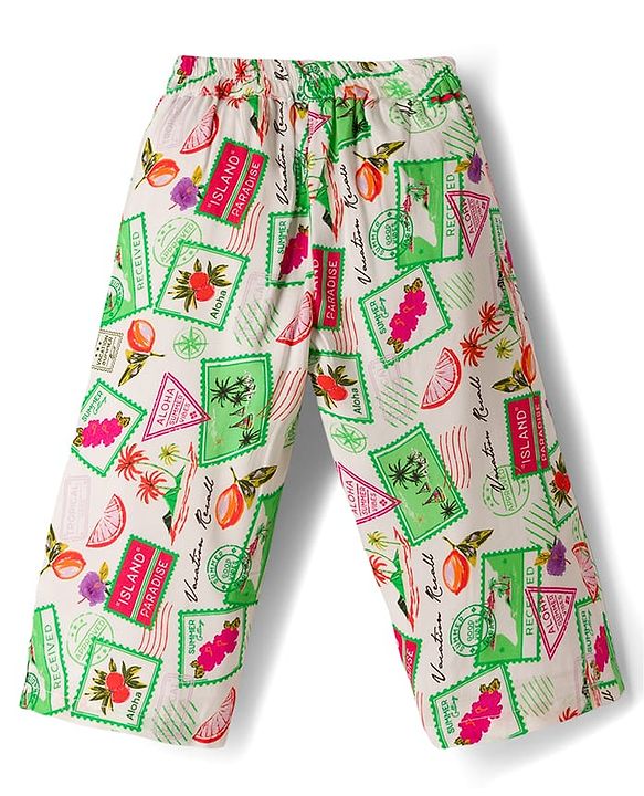 Babyhug Cotton Woven Half Sleeves Top & Lounge Pant Co-ord Set With Stamp Print - Multicolor