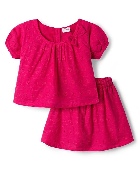 Babyhug Cotton Woven Half Sleeves Top & Mid Thigh Skirt Set - Fuchsia
