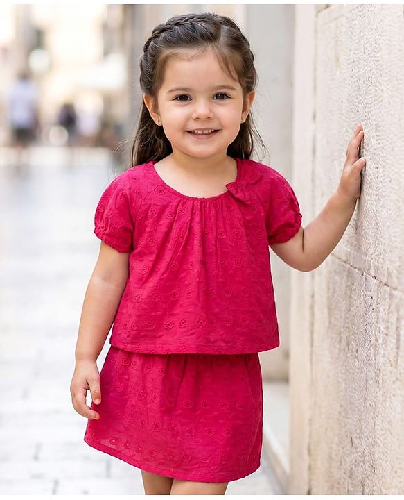 Babyhug Cotton Woven Half Sleeves Top & Mid Thigh Skirt Set - Fuchsia