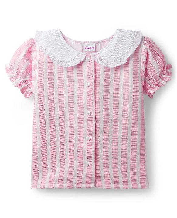 Babyhug Cotton Woven Half Sleeves Co-ords Top & Skirt Set with Stripes & Bow Applique - Pink