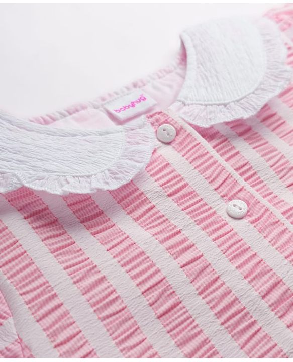 Babyhug Cotton Woven Half Sleeves Co-ords Top & Skirt Set with Stripes & Bow Applique - Pink